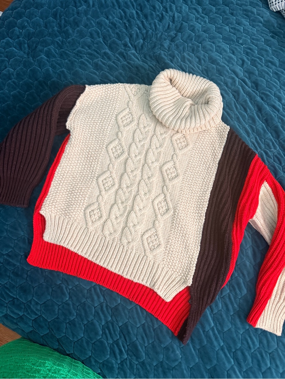 Zara Knit Colorblock Cable-Knit Turtleneck Sweater Large Chunky